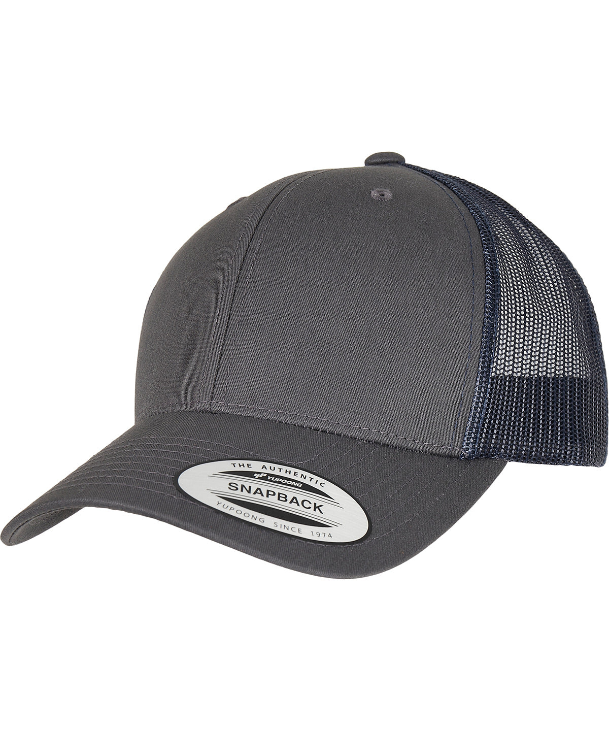 Flexfit by Yupoong Retro trucker 2-tone in Charcoal/Navy, front view