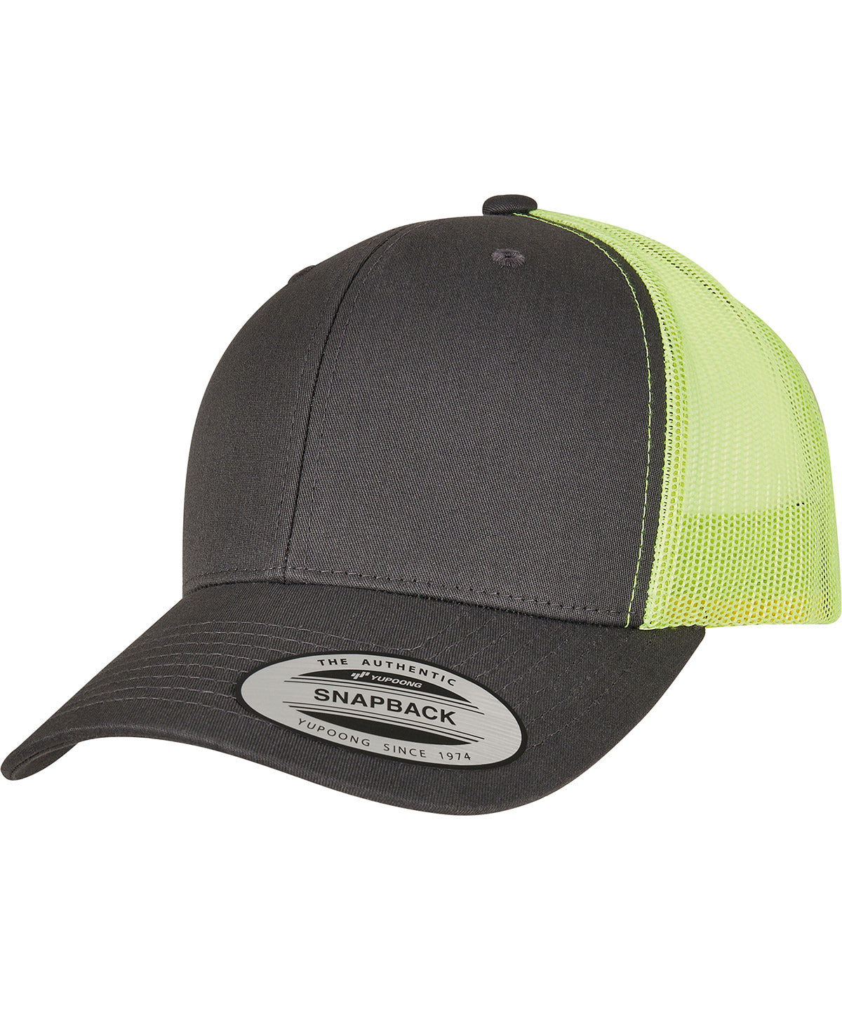 Flexfit by Yupoong Retro trucker 2-tone in Charcoal/Neon Green, front view