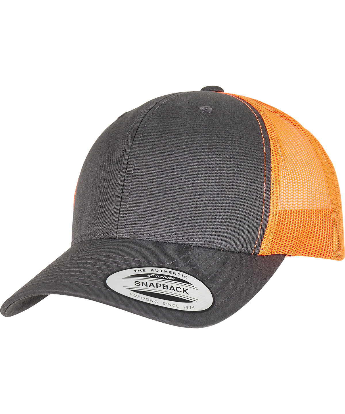 Flexfit by Yupoong Retro trucker 2-tone in Charcoal/Neon Orange, front view