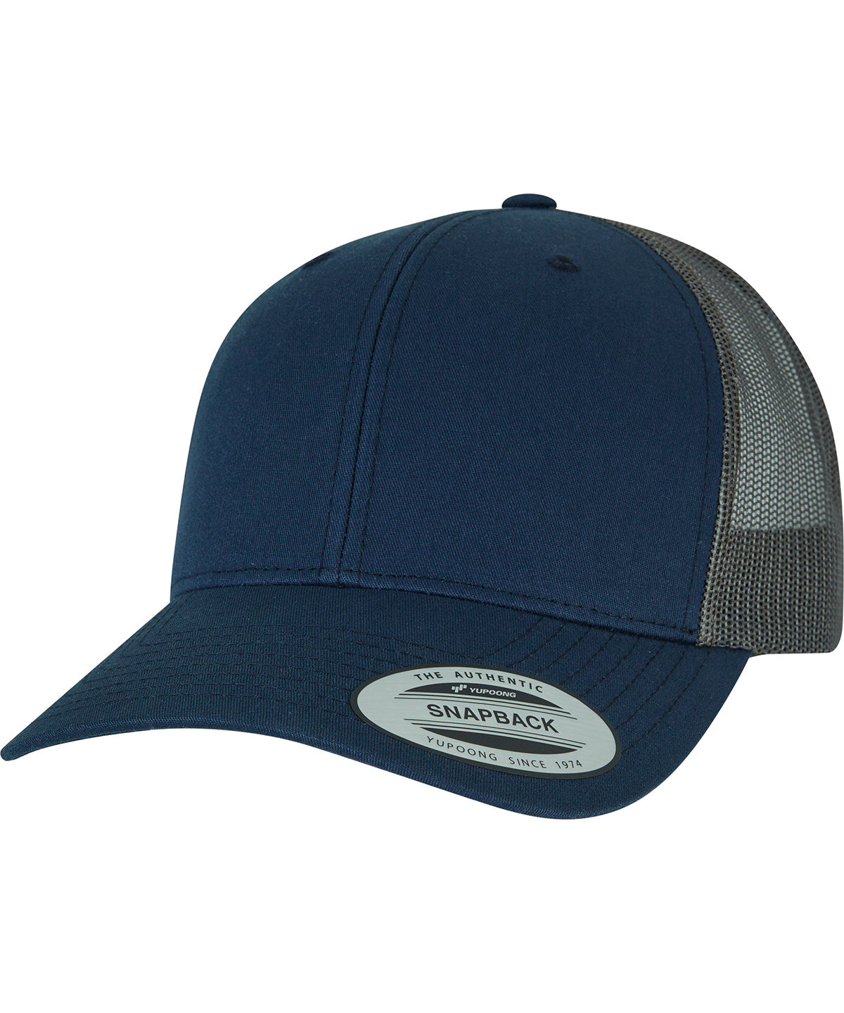 Flexfit by Yupoong Retro trucker 2-tone in Navy/Greyish Brown, front view