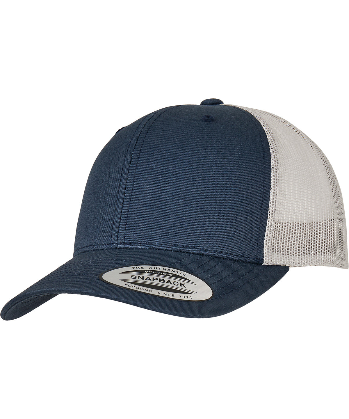 Flexfit by Yupoong Retro trucker 2-tone in Navy/Silver, front view