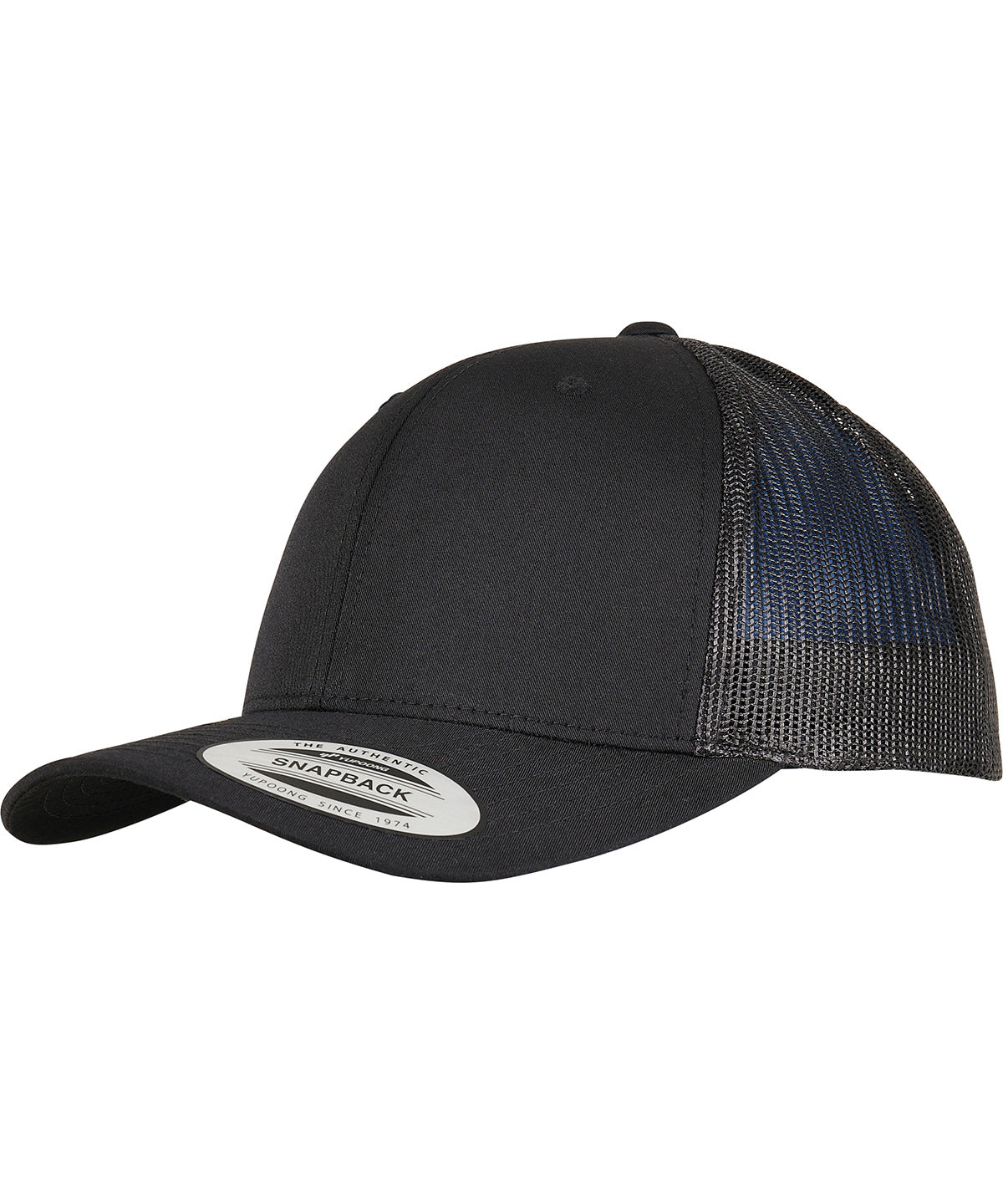 Flexfit by Yupoong Trucker recycled polyester fabric cap in Black, front view