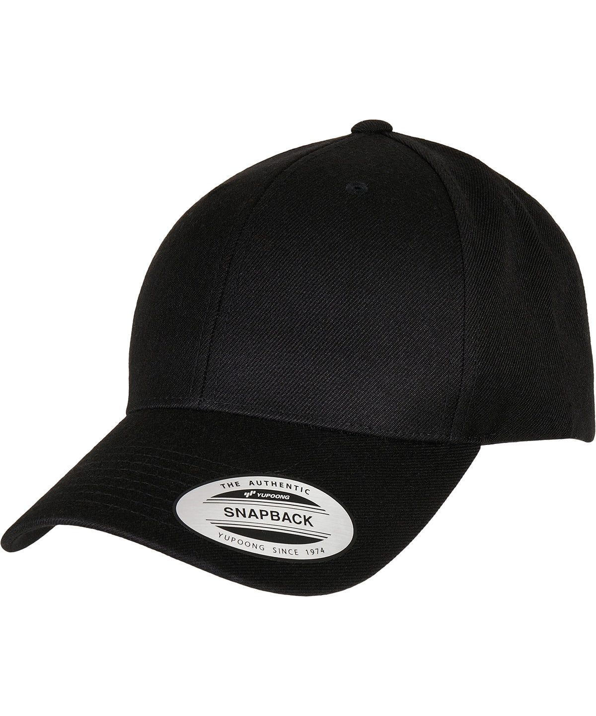 Flexfit by Yupoong Premium curved visor snapback cap in Black, front view
