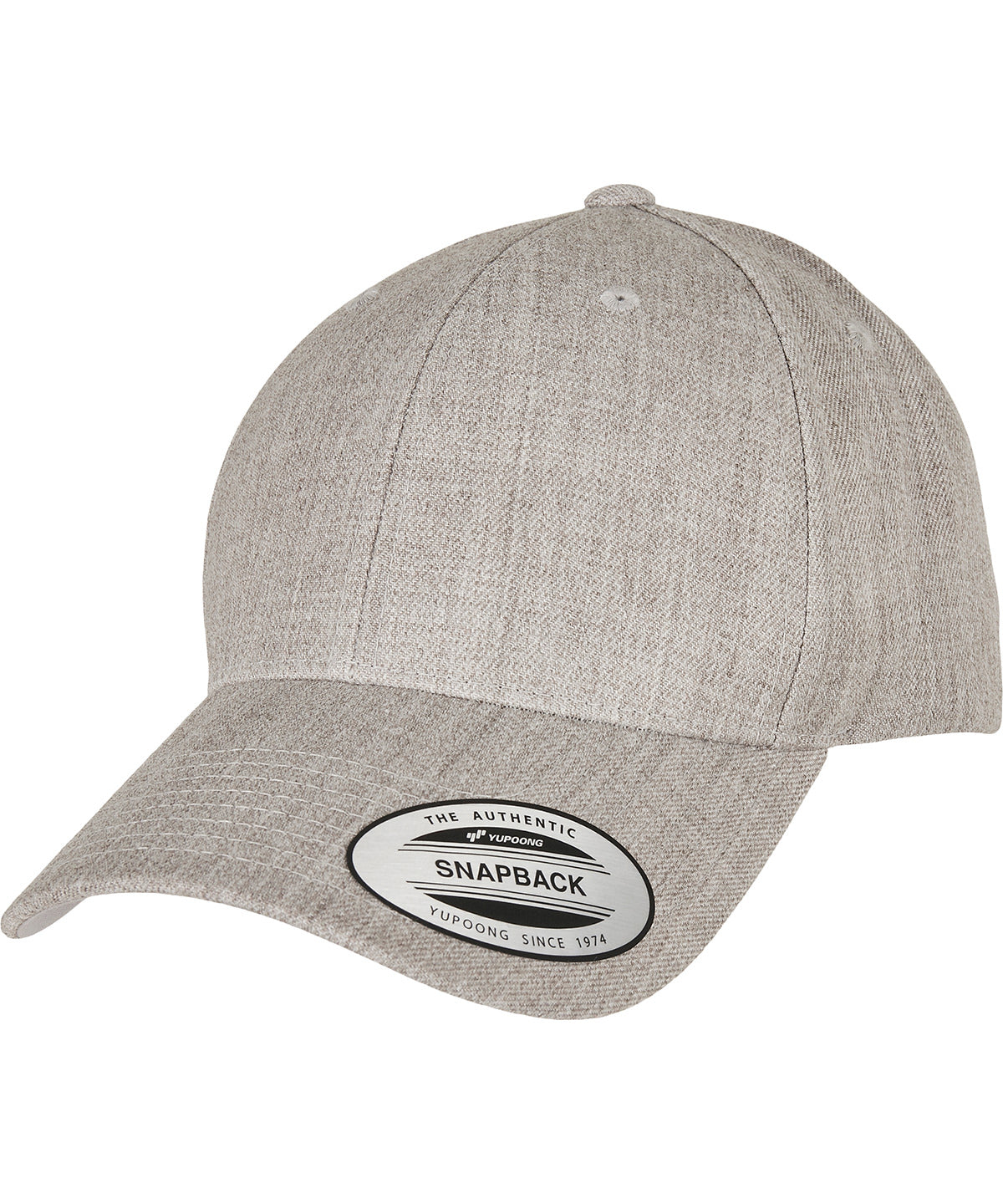 Flexfit by Yupoong Premium curved visor snapback cap in Heather Grey, front view