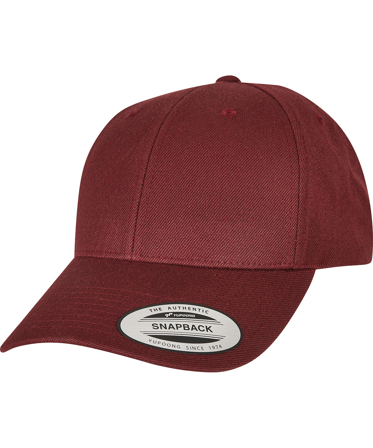 Flexfit by Yupoong Premium curved visor snapback cap in Maroon, front view