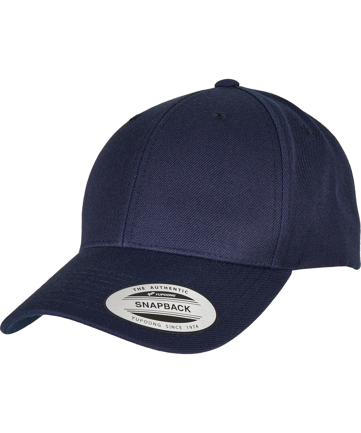 Flexfit by Yupoong Premium curved visor snapback cap in Navy, front view
