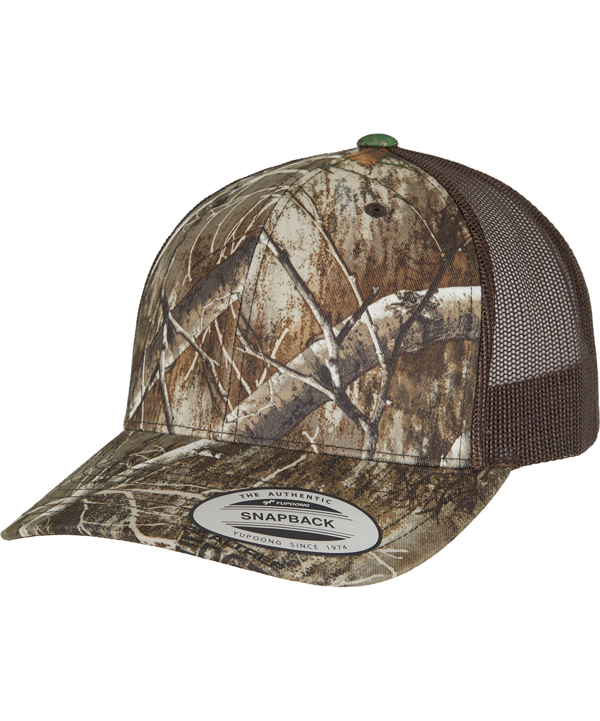 Flexfit by Yupoong YP Classics RealTree camo retro trucker cap in Edge, front view