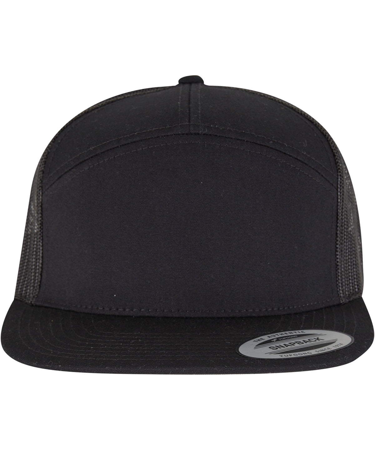 Flexfit by Yupoong 7-panel classic trucker cap in Black/Black, front view