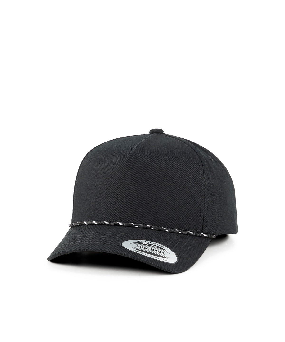 Flexfit by Yupoong YP Classics retro cotton blend 5-panel snapback cap in Black, front view