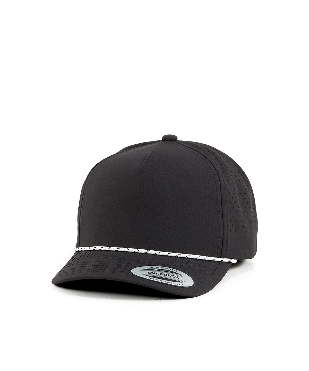 Flexfit by Yupoong YP Classics 5-panel snapback cap with perforations and braided rope in Black, front view