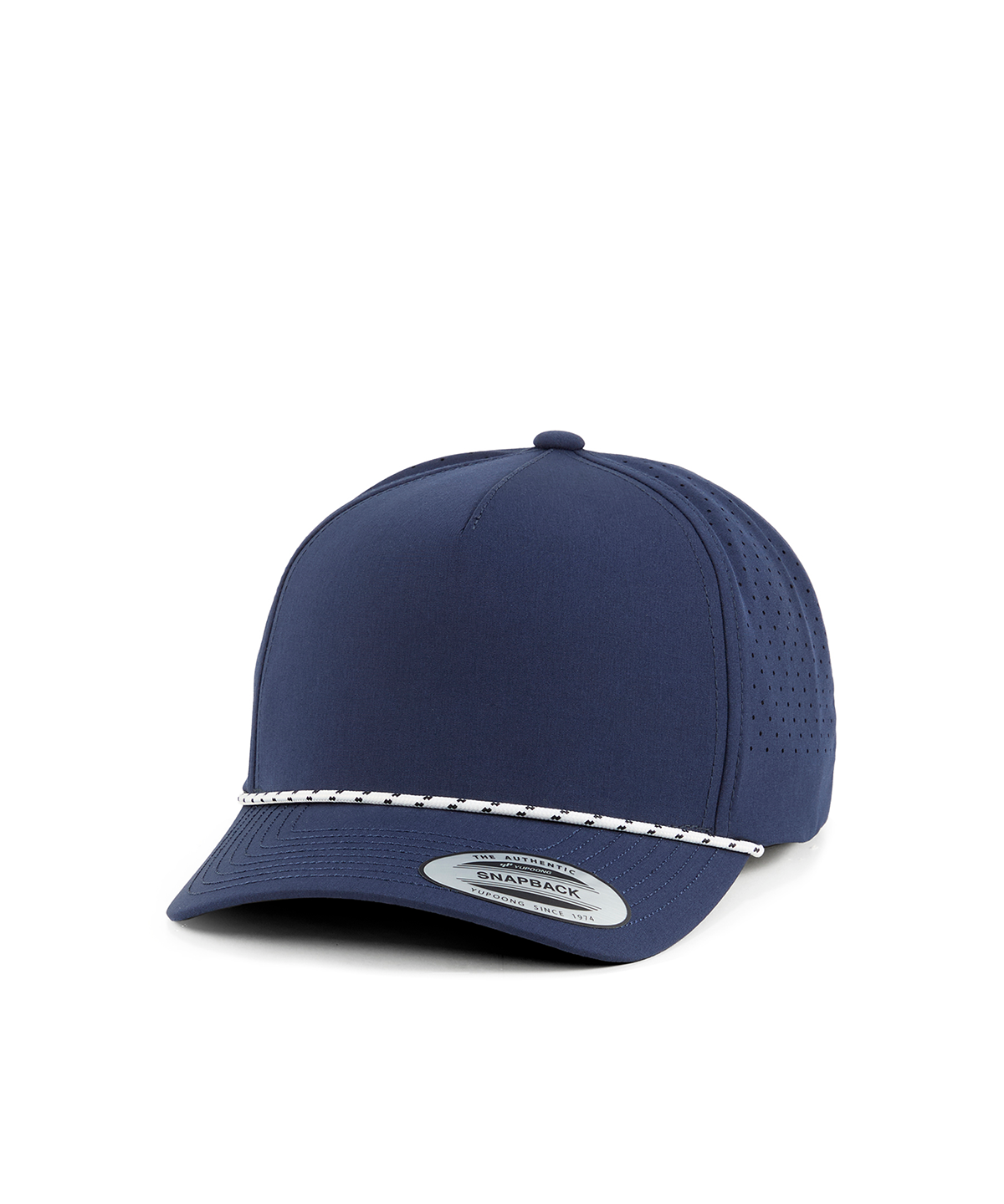 Flexfit by Yupoong YP Classics 5-panel snapback cap with perforations and braided rope in Navy, front view