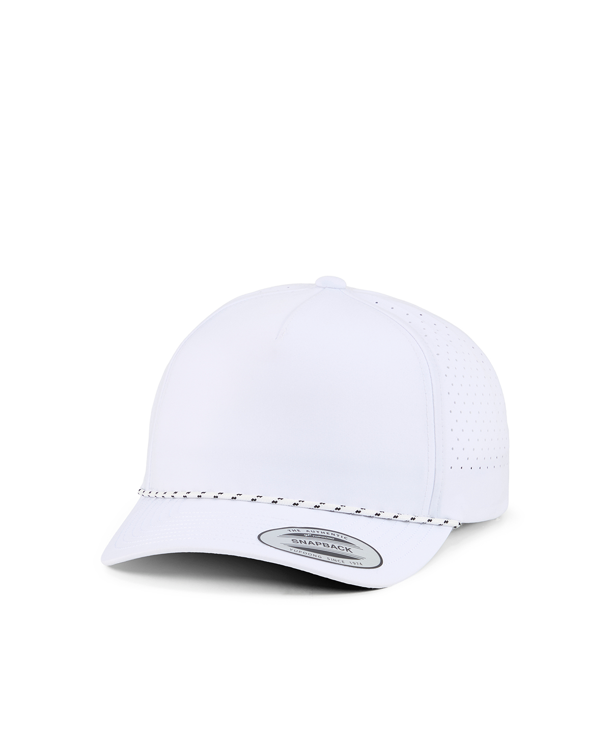 Flexfit by Yupoong YP Classics 5-panel snapback cap with perforations and braided rope in White, front view