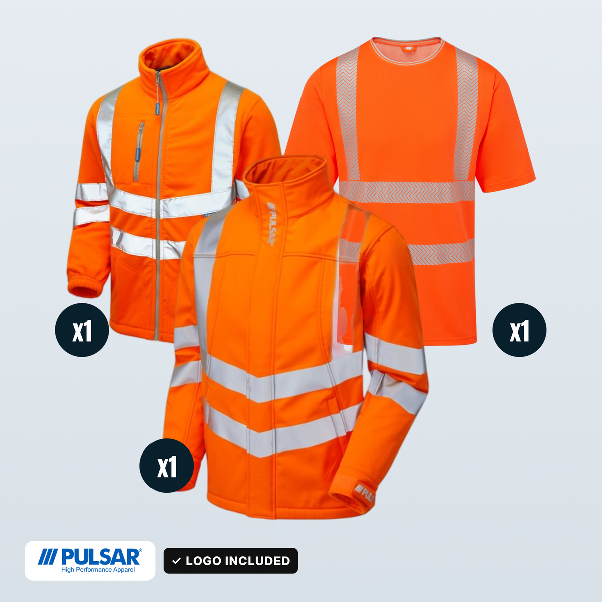 The Workwear Co Pulsar Orange Hi-Vis Softshell + Fleece + Tee Pack – logo included in the price