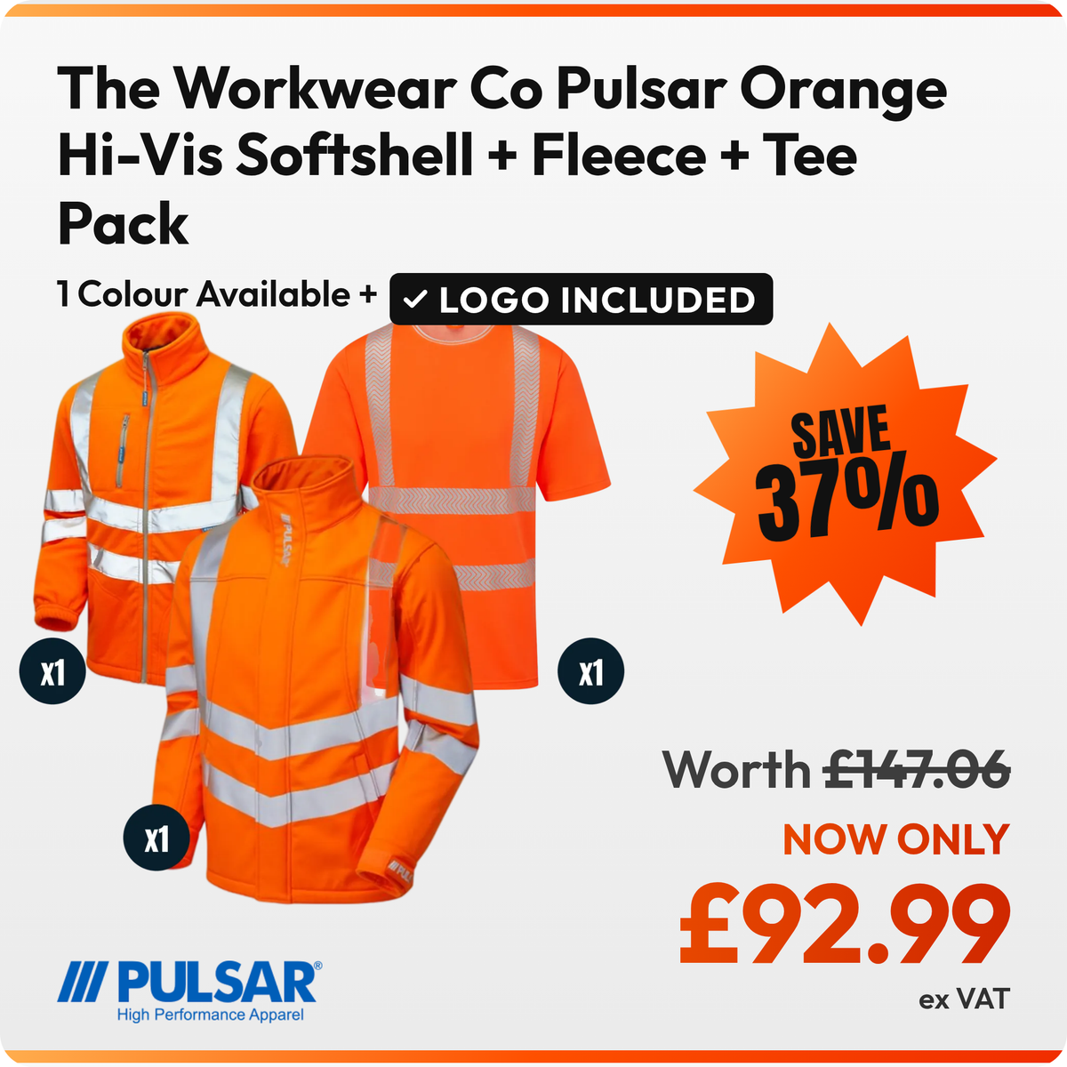 The Workwear Co Pulsar Orange Hi-Vis Softshell + Fleece + Tee Pack: 1 orange hi-vis Pulsar PR535 softshell jacket, 1 orange hi-vis Pulsar PR508 fleece jacket, 1 orange hi-vis Pulsar Life LFE934 t-shirt. £92.99 ex VAT, logo included in the price