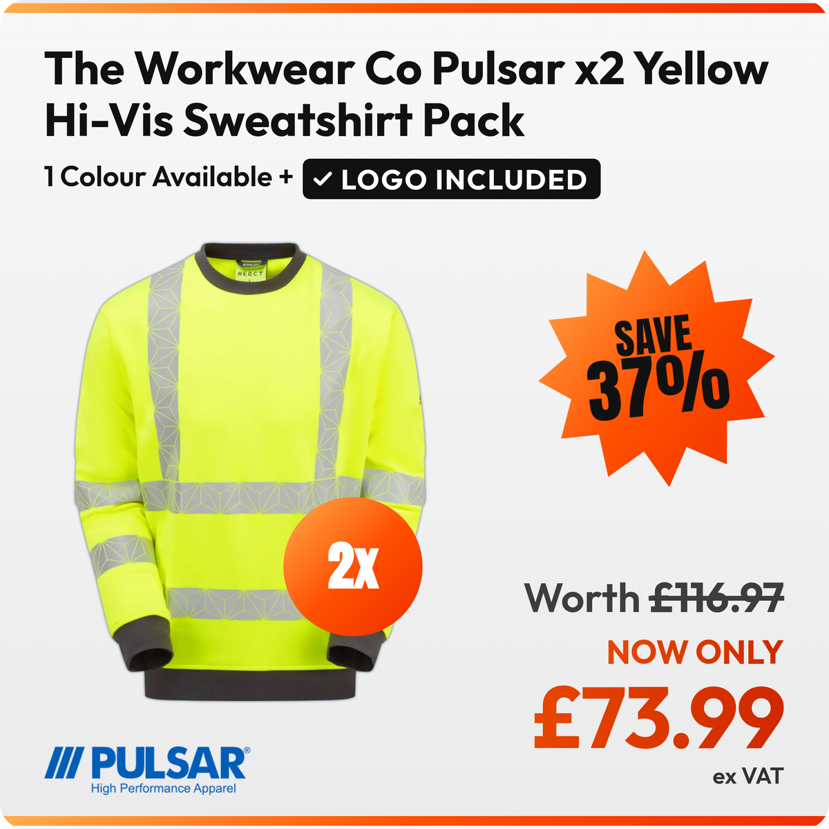 The Workwear Co Pulsar x2 Yellow Hi-Vis Sweatshirt Pack: 2 yellow hi-vis Pulsar React RCT806 sweatshirts. Launch Bundle with your logo