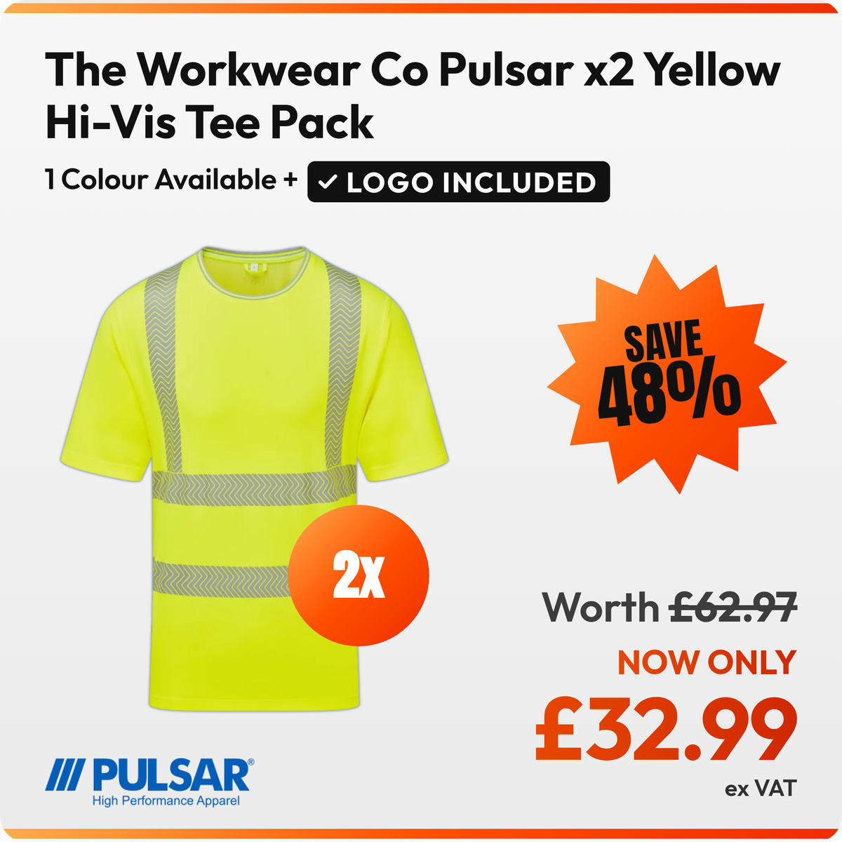 The Workwear Co Pulsar x2 Yellow Hi-Vis Tee Pack: 2 yellow hi-vis Pulsar Life LFE933 t-shirts. Launch Bundle with your logo