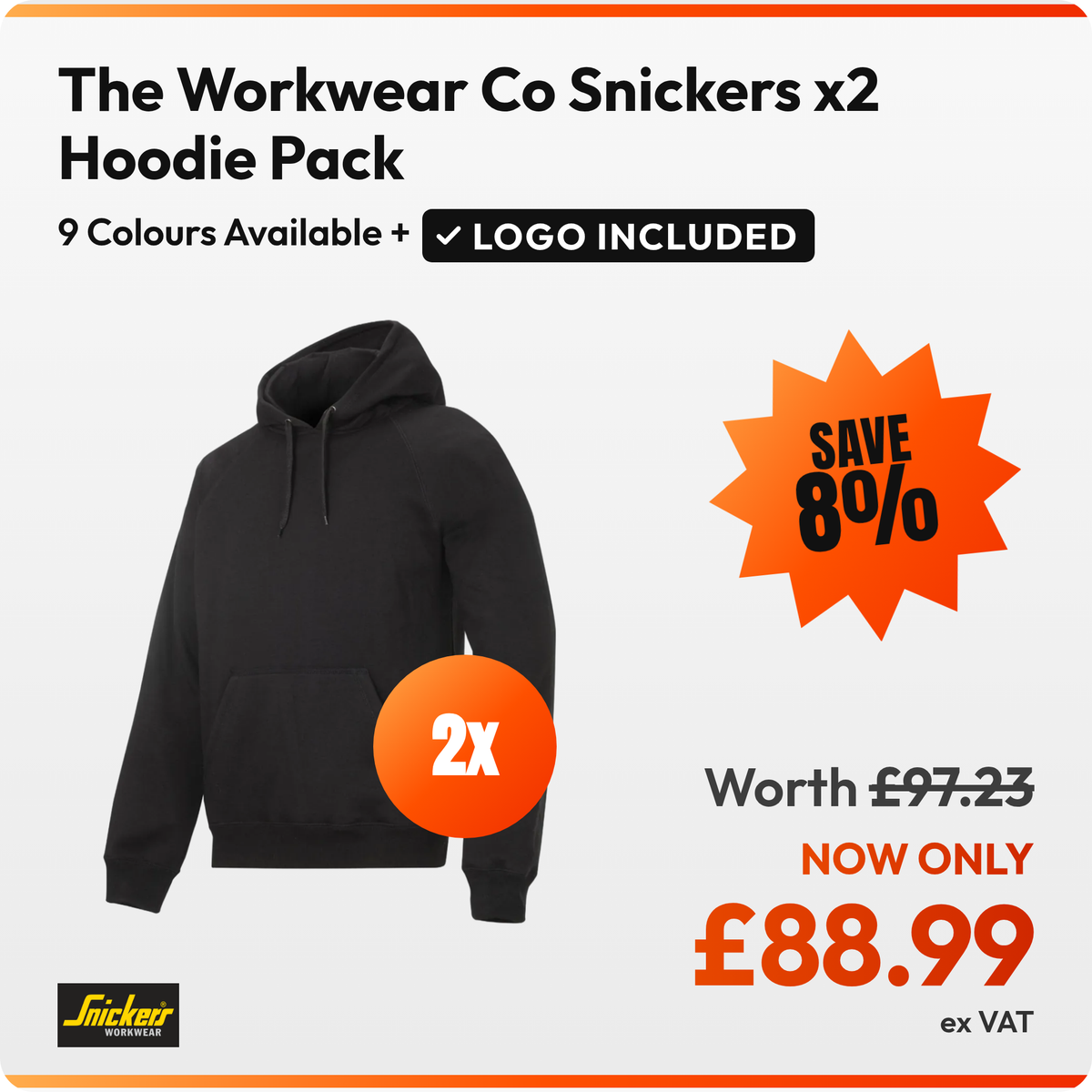 The Workwear Co Snickers x2 Hoodie Pack: 2 black Snickers 2800 hoodies. £88.99 ex VAT, logo included in the price