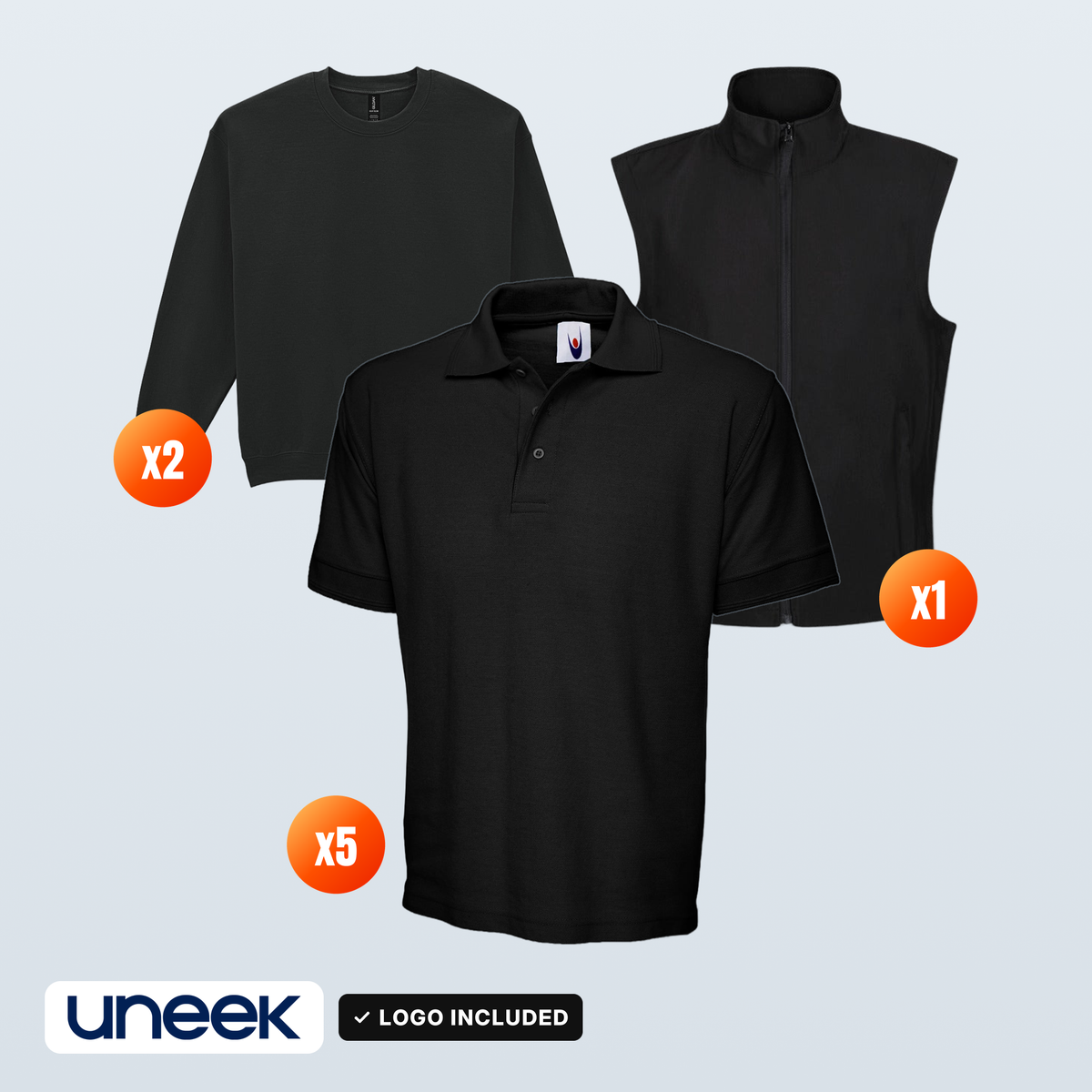 The Workwear Co Uneek x5 Polo + Gildan x2 Sweatshirt + Regatta Bodywarmer Pack – logo included in the price