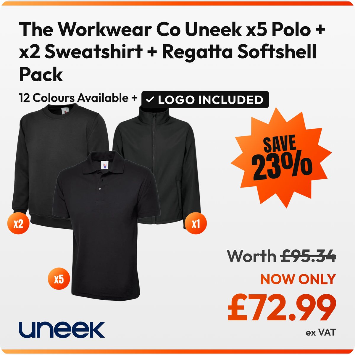 The Workwear Co Uneek x5 Polo + x2 Sweatshirt + Regatta Softshell Pack: 5 black Uneek UC101 polos, 2 black Uneek UC203 sweatshirts, 1 black Regatta TRA628 Ablaze softshell. £72.99 ex VAT, logo included in the price