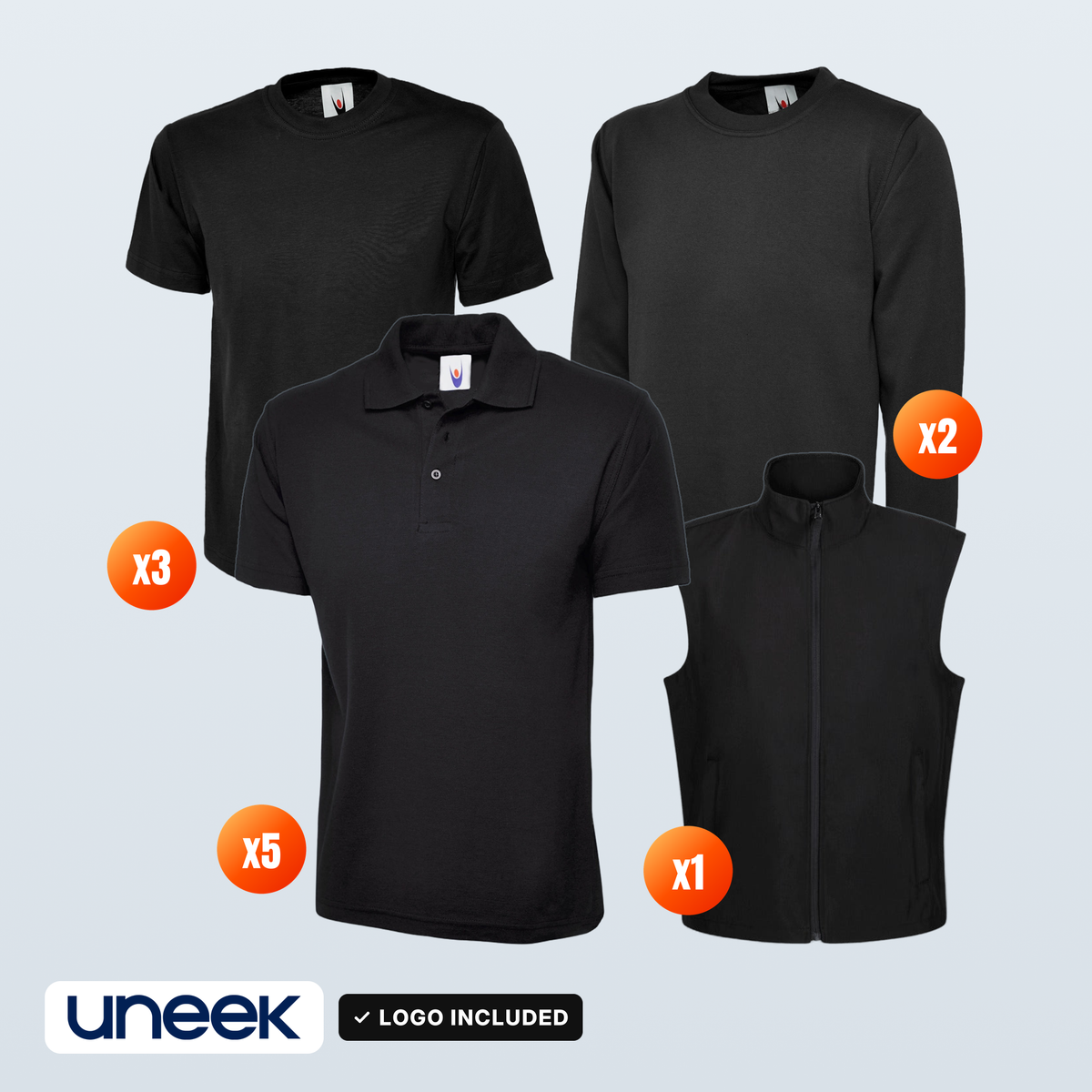 The Workwear Co Uneek x5 Polo + x3 Tee + x2 Sweatshirt + Regatta Bodywarmer Pack – logo included in the price