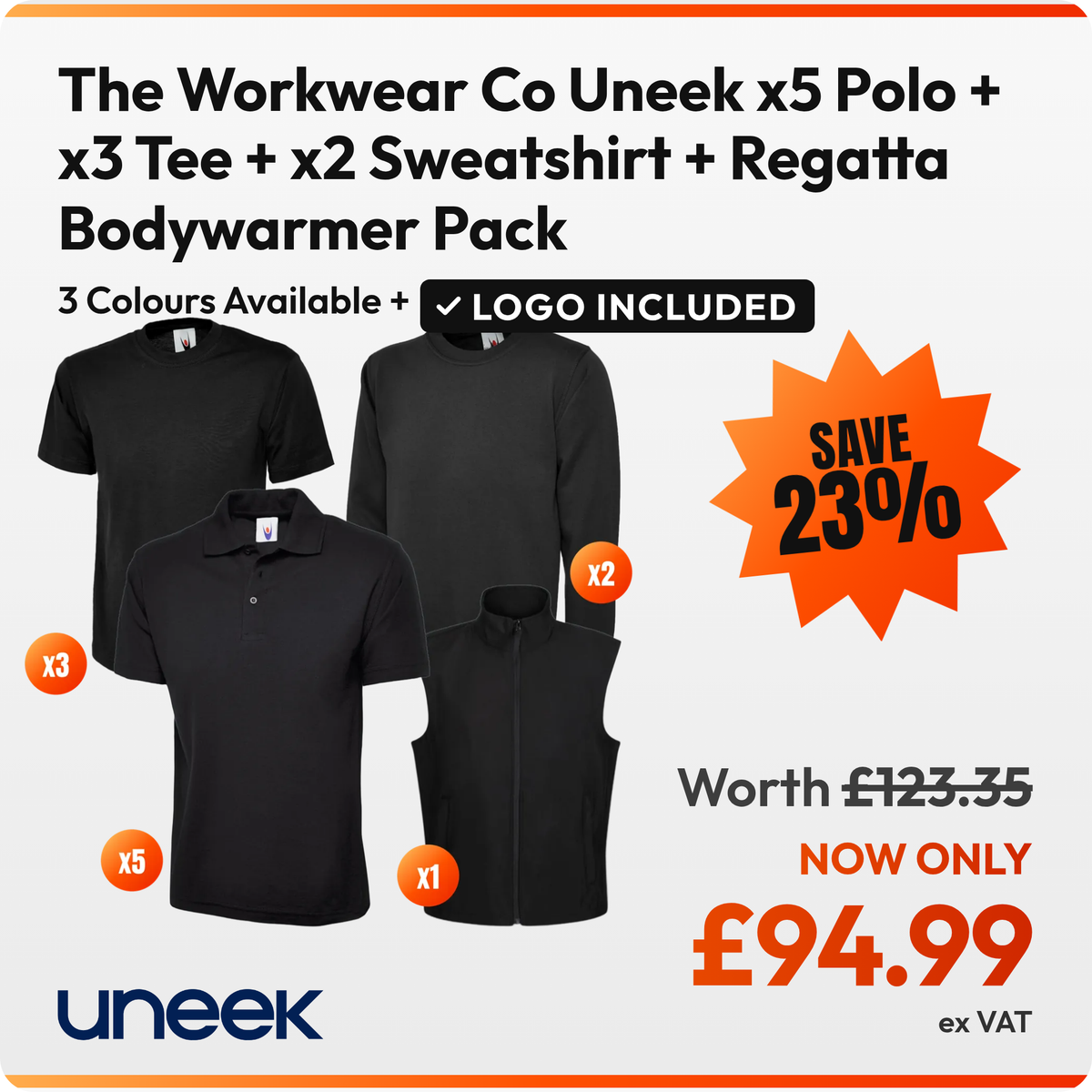 The Workwear Co Uneek x5 Polo + x3 Tee + x2 Sweatshirt + Regatta Bodywarmer Pack: 5 black Uneek UC101 polos, 3 black Uneek UC301 t-shirts, 2 black Uneek UC203 sweatshirts, 1 black Regatta TRA820 softshell bodywarmer. £94.99 ex VAT, logo included in the price