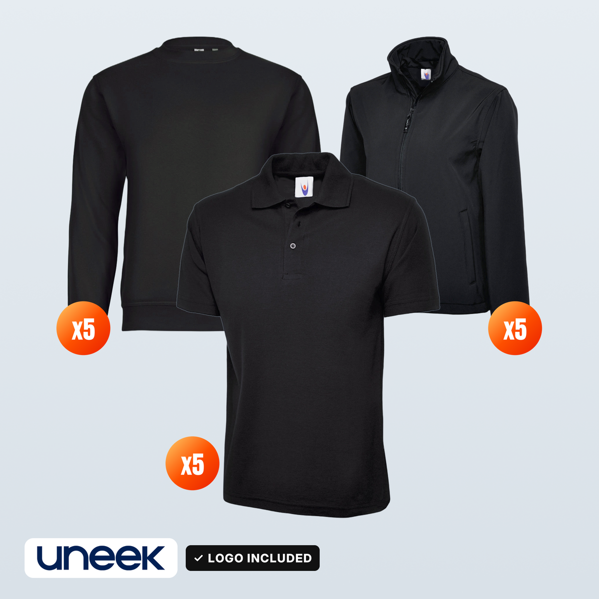 The Workwear Co Uneek x5 Polo + x5 Sweatshirt + x5 Softshell Pack – logo included in the price