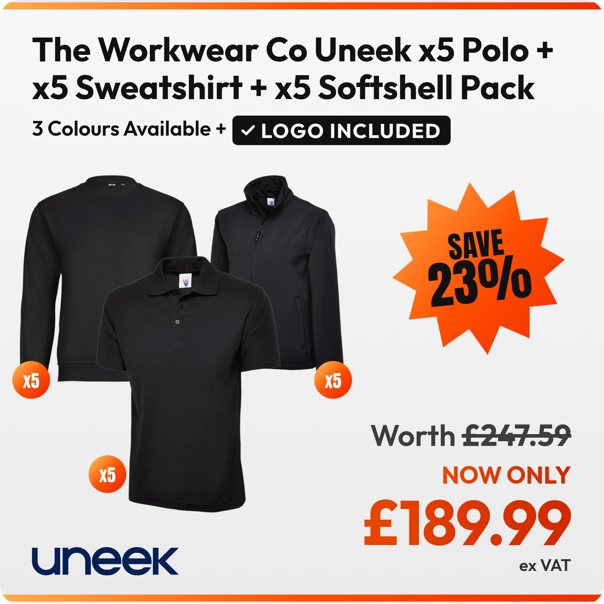 The Workwear Co Uneek x5 Polo + x5 Sweatshirt + x5 Softshell Pack: 5 black Uneek UC101 polos, 5 black Uneek GR21 eco sweatshirts, 5 black Uneek UC612 softshell jackets. £189.99 ex VAT, logo included in the price