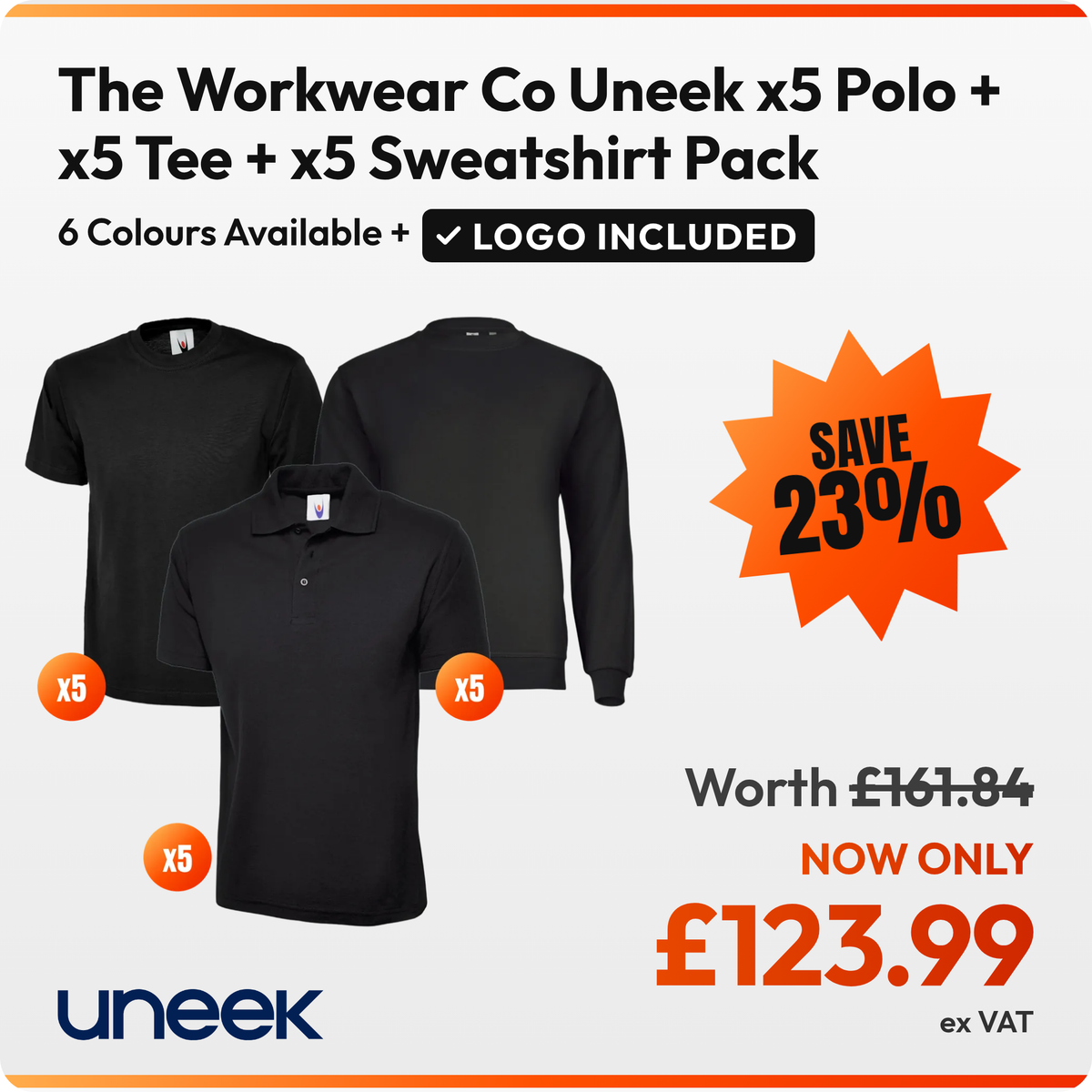 The Workwear Co Uneek x5 Polo + x5 Tee + x5 Sweatshirt Pack: 5 black Uneek UC101 polos, 5 black Uneek UC301 t-shirts, 5 black Uneek GR21 eco sweatshirts. £123.99 ex VAT, logo included in the price