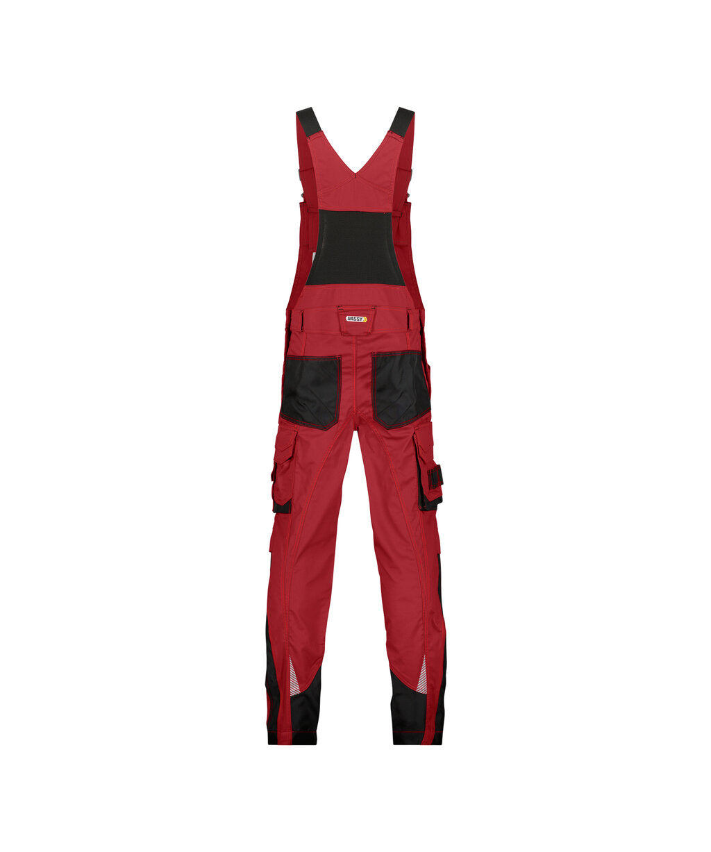 DASSY Voltic Brace overall with knee pockets in Red/Black, back view
