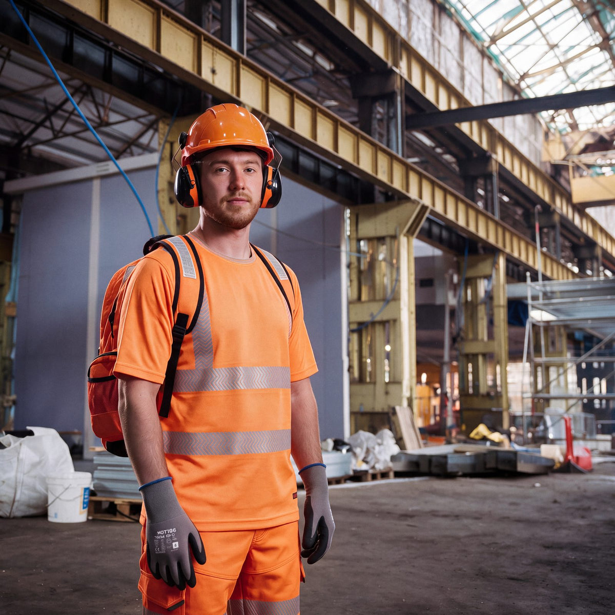 Construction worker on site in an orange hi-vis t-shirt and shorts, hard hat, ear defenders and work gloves - construction workwear and PPE from The Workwear Co