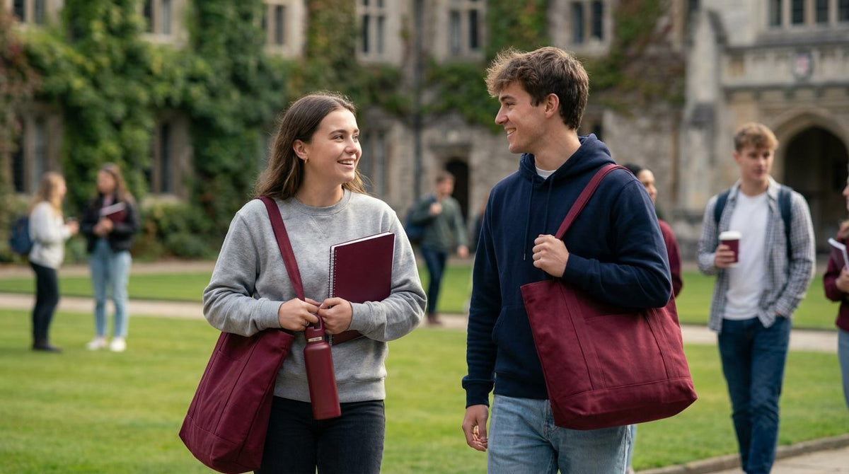 University students on campus in branded navy hoodie and grey sweatshirt with burgundy tote bags - college and university clothing from The Workwear Co