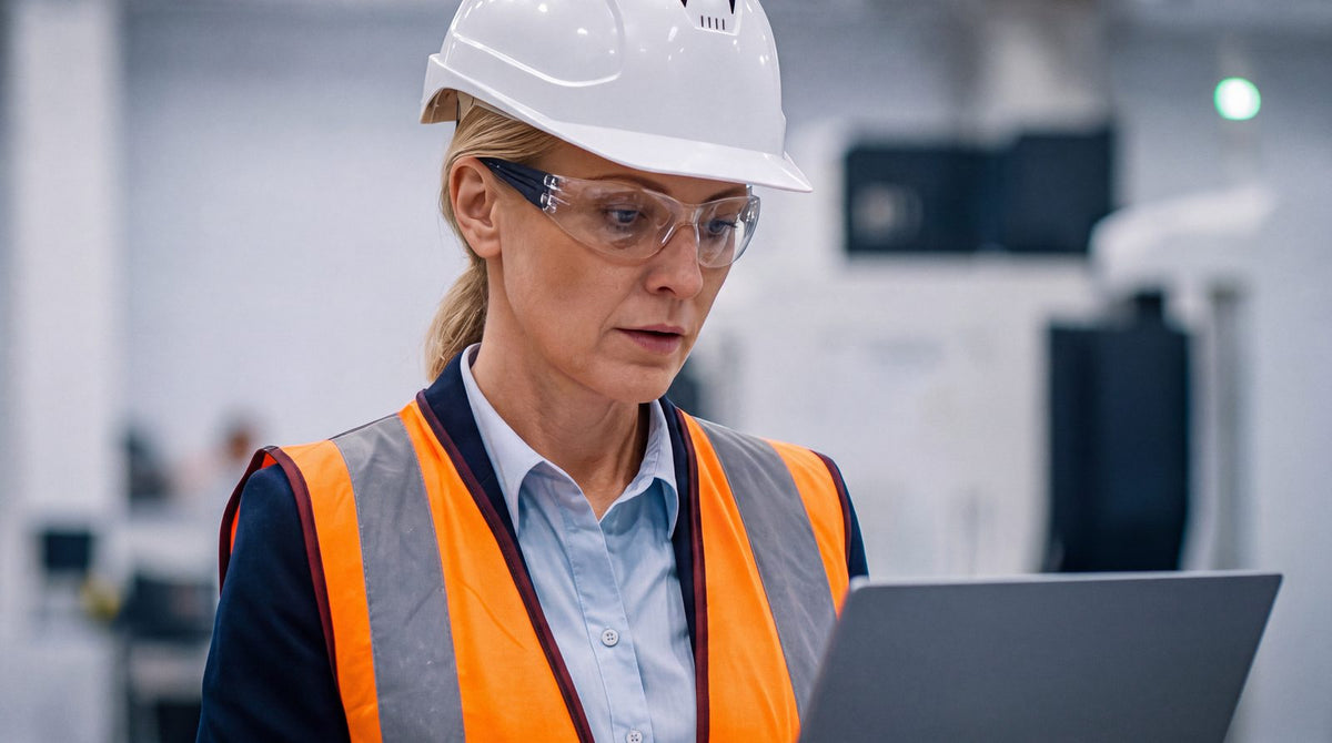 Engineer in an orange hi-vis vest, white hard hat and safety glasses using a laptop - engineering workwear and PPE from The Workwear Co