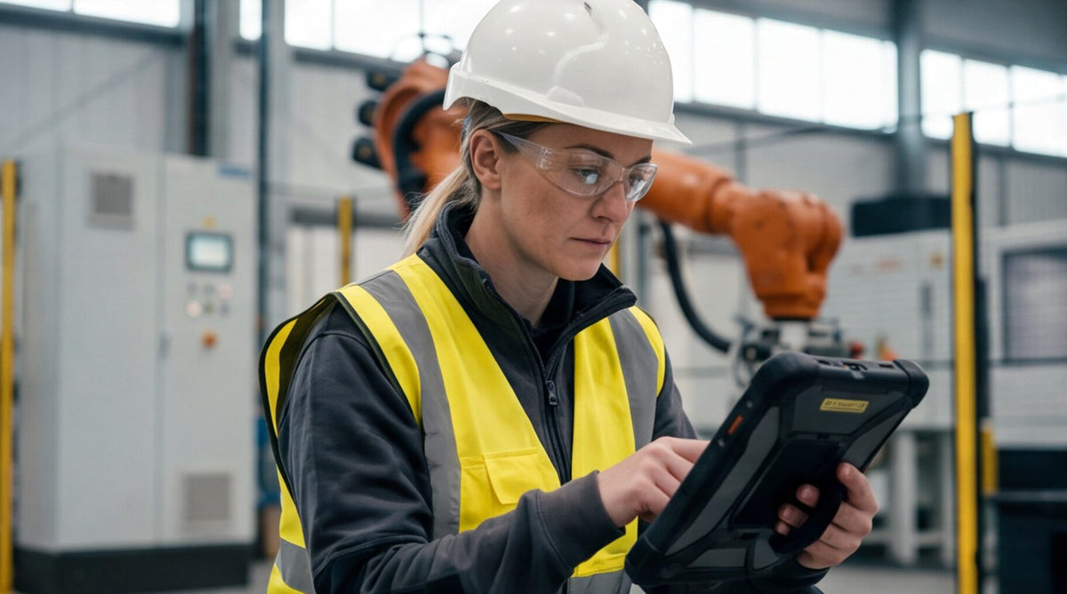 Engineer in a yellow hi-vis vest, hard hat and safety glasses using a rugged tablet beside a robotic arm - engineering workwear and PPE from The Workwear Co