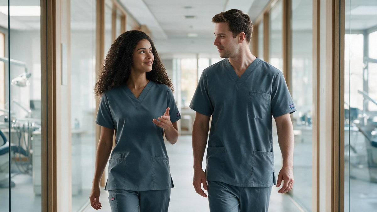 Two healthcare workers in matching grey-blue scrubs walking through a clinic corridor - medical scrubs and healthcare uniforms from The Workwear Co
