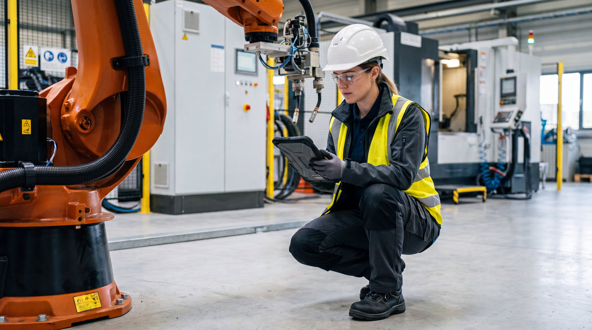 Engineer in a white hard hat, hi-vis vest, safety glasses and gloves holding a tablet beside an industrial robot