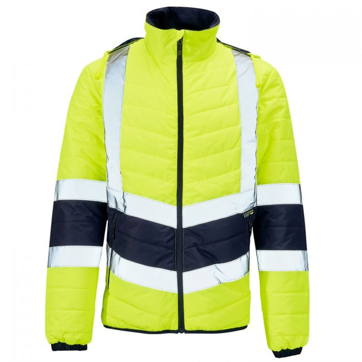 The Workwear Company Hi-Vis Reflective 2-Tone Puffer Jacket Yellow/Navy, front view