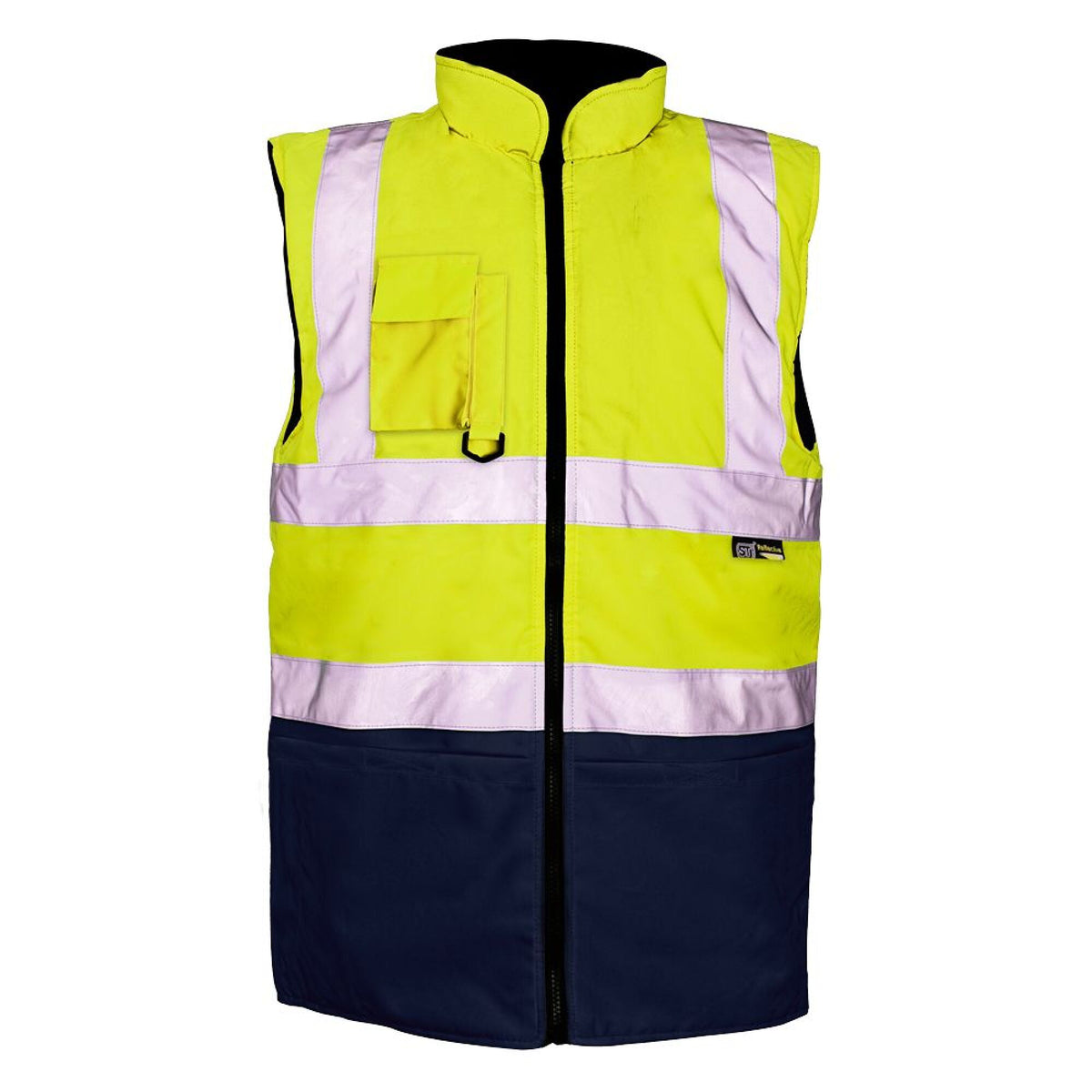The Workwear Company Hi-Vis Reflective 2-Tone Bodywarmer Yellow/Navy, front view