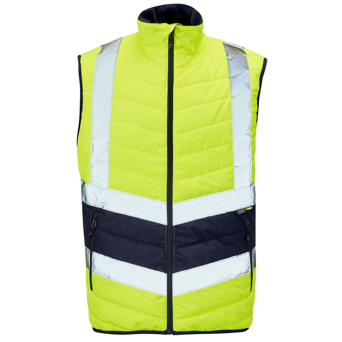The Workwear Company Hi-Vis Reflective 2-Tone Puffer Bodywarmer Yellow/Navy, front view