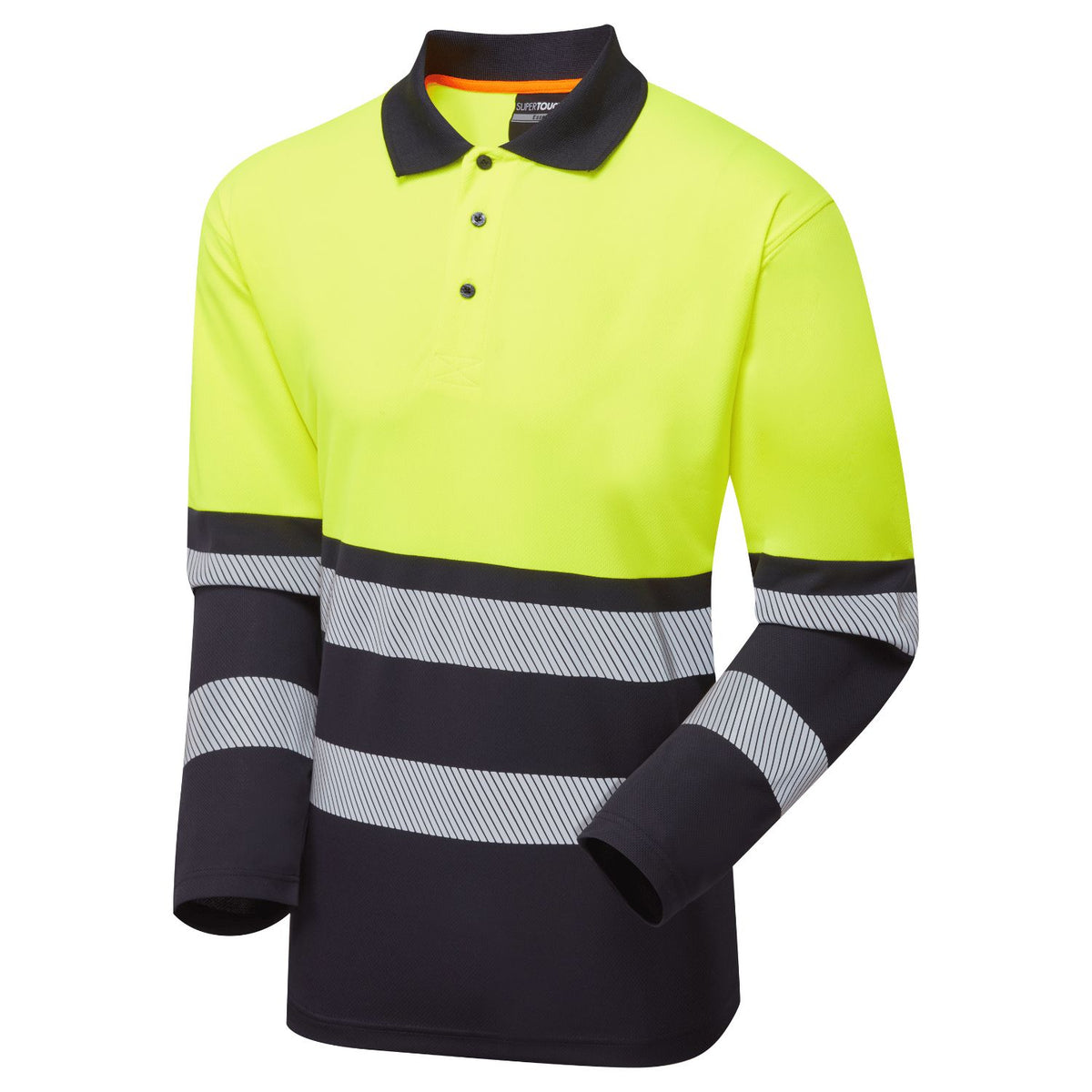 Supertouch Blue Sphere - Essentials Hi-Vis Eco Yellow/Navy CoolAir Long Sleeve Polo, main product image