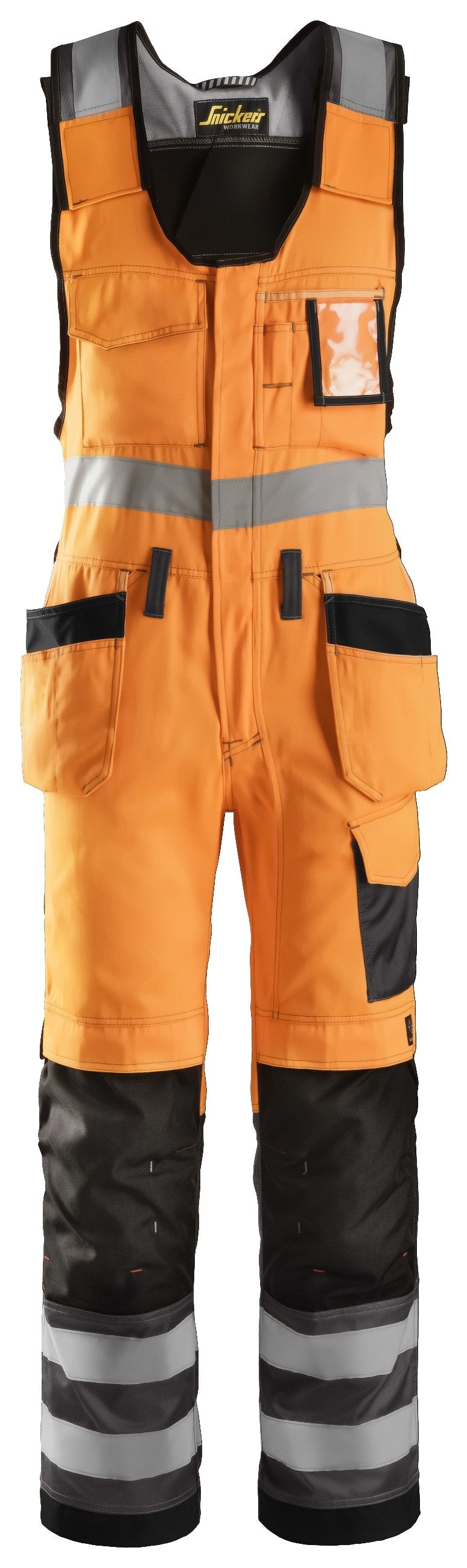 Snickers Workwear High-Vis One-piece Trousers Holster Pockets Class 2 in Hi-Vis Orange/Muted Black