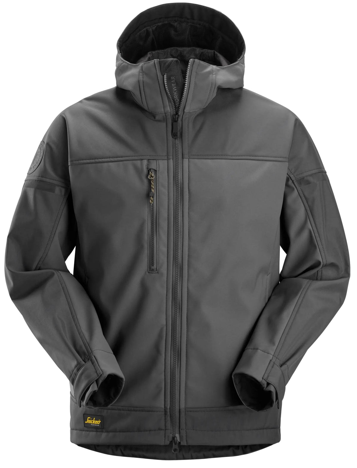 Snickers Workwear AllroundWork, Hooded Softshell Stretch Jacket in Steel Grey/Dark Steel Grey