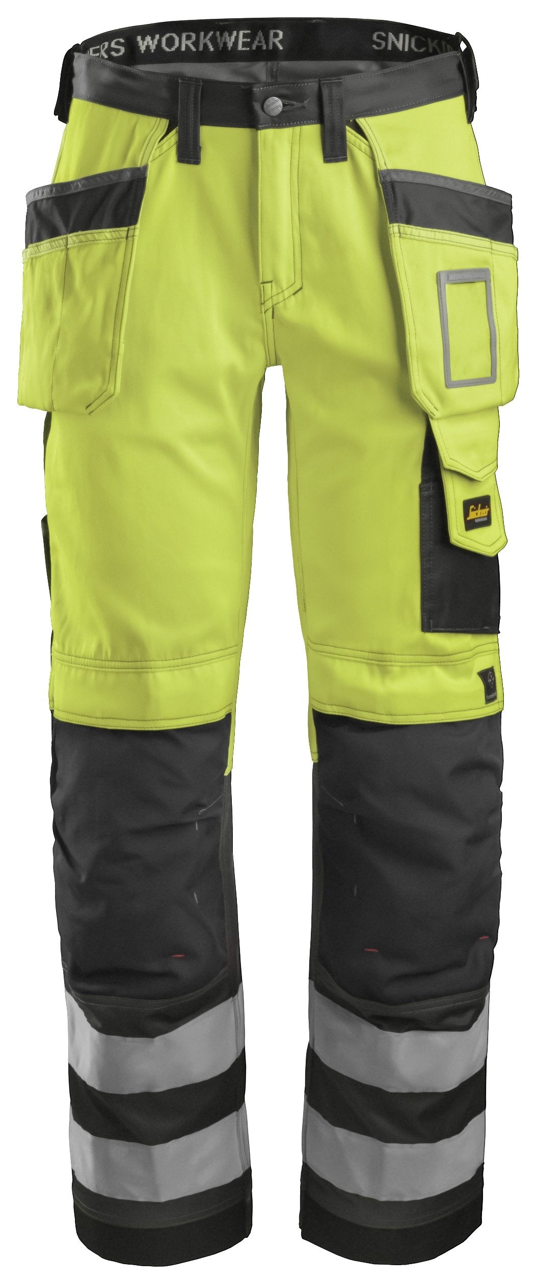 Snickers Workwear High-Vis Class 2, Holster Pockets Trousers in Hi-Vis Yellow/Muted Black