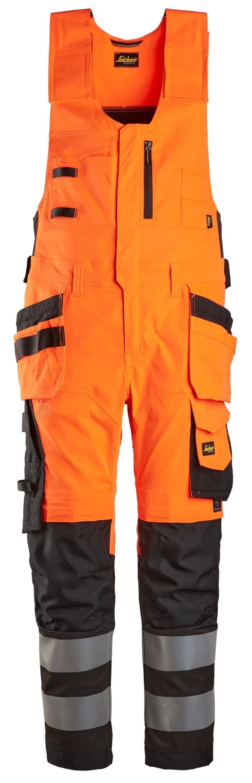 Snickers Workwear High-Vis Class 2, One-piece Trousers Holster Pockets in Hi-Vis Orange/Black