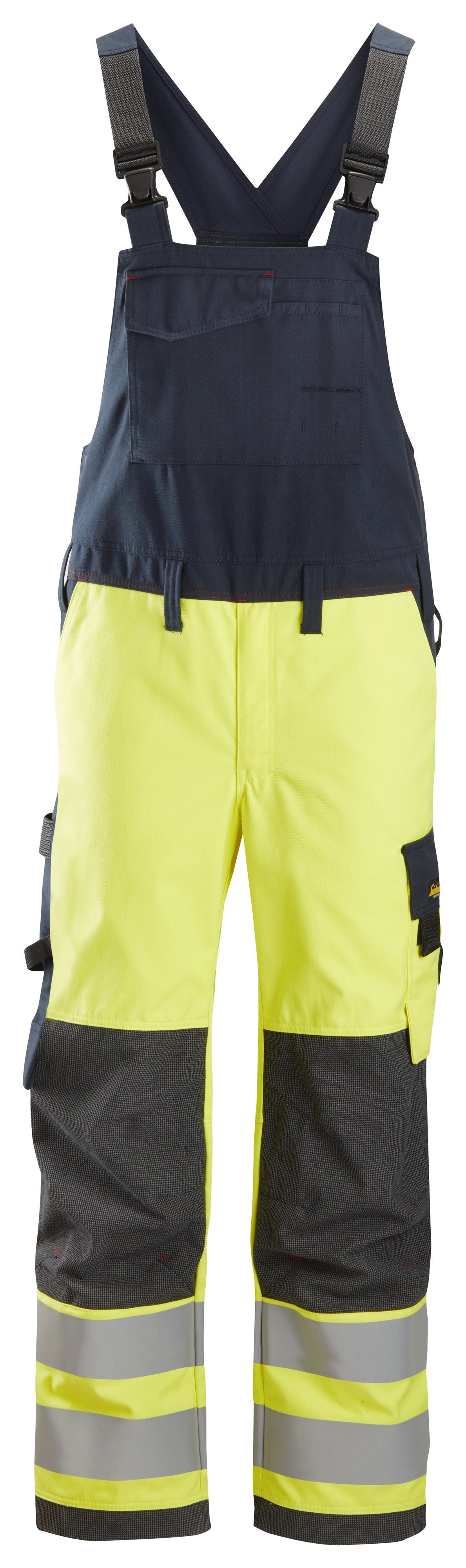 Snickers Workwear ProtecWork, Bib & Brace Trousers, High-Vis Class 2 in Hi-Vis Yellow/Navy