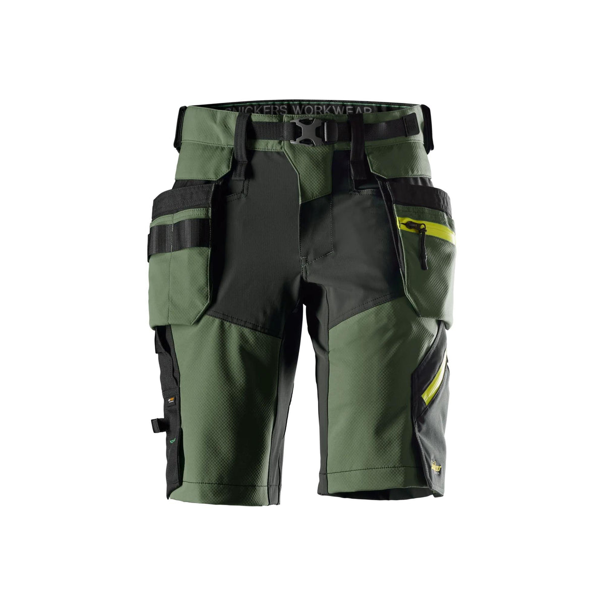 Snickers Workwear FlexiWork, SoftShell Short Detachacble Holster Pockets in Khaki Green/Steel Grey