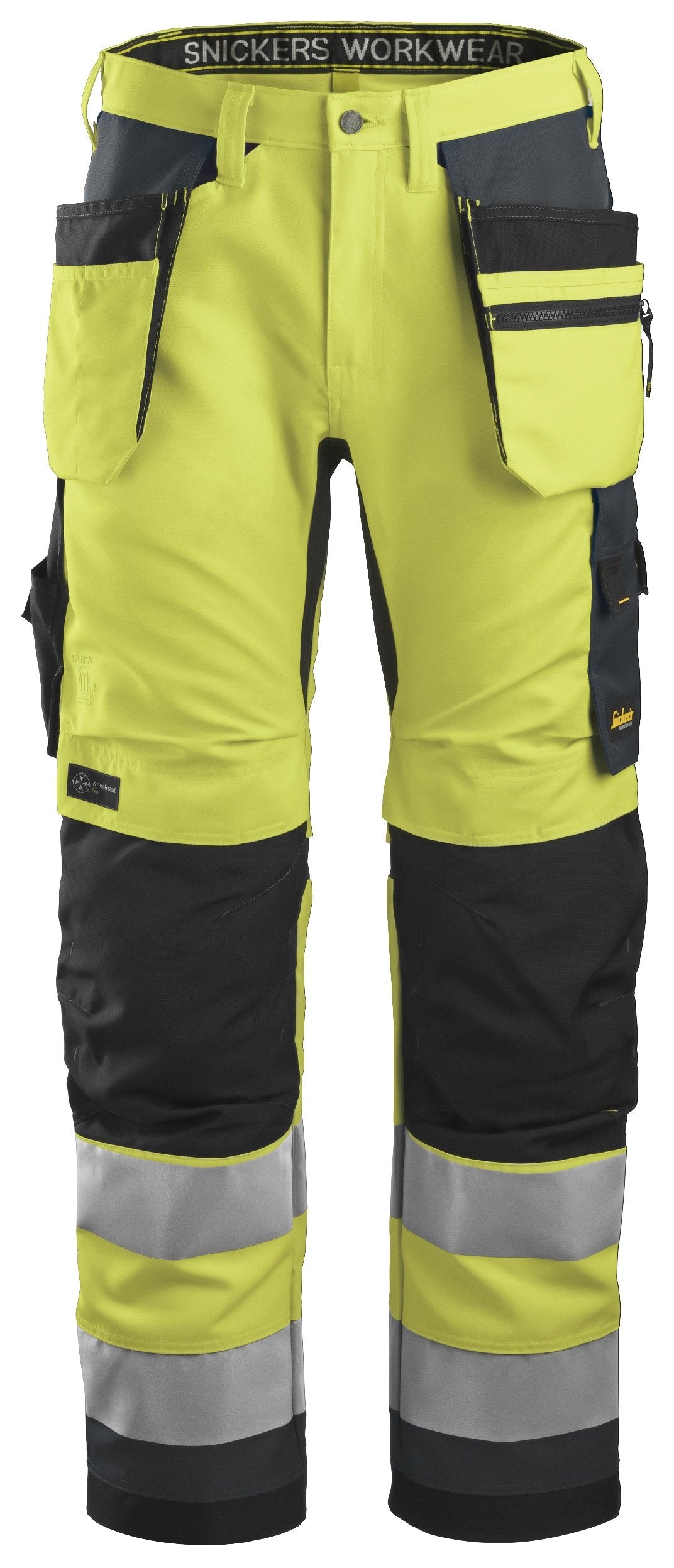 Snickers Workwear High-Vis Class 2, Work Trousers+ Holster Pockets in Hi-Vis Yellow/Steel Grey