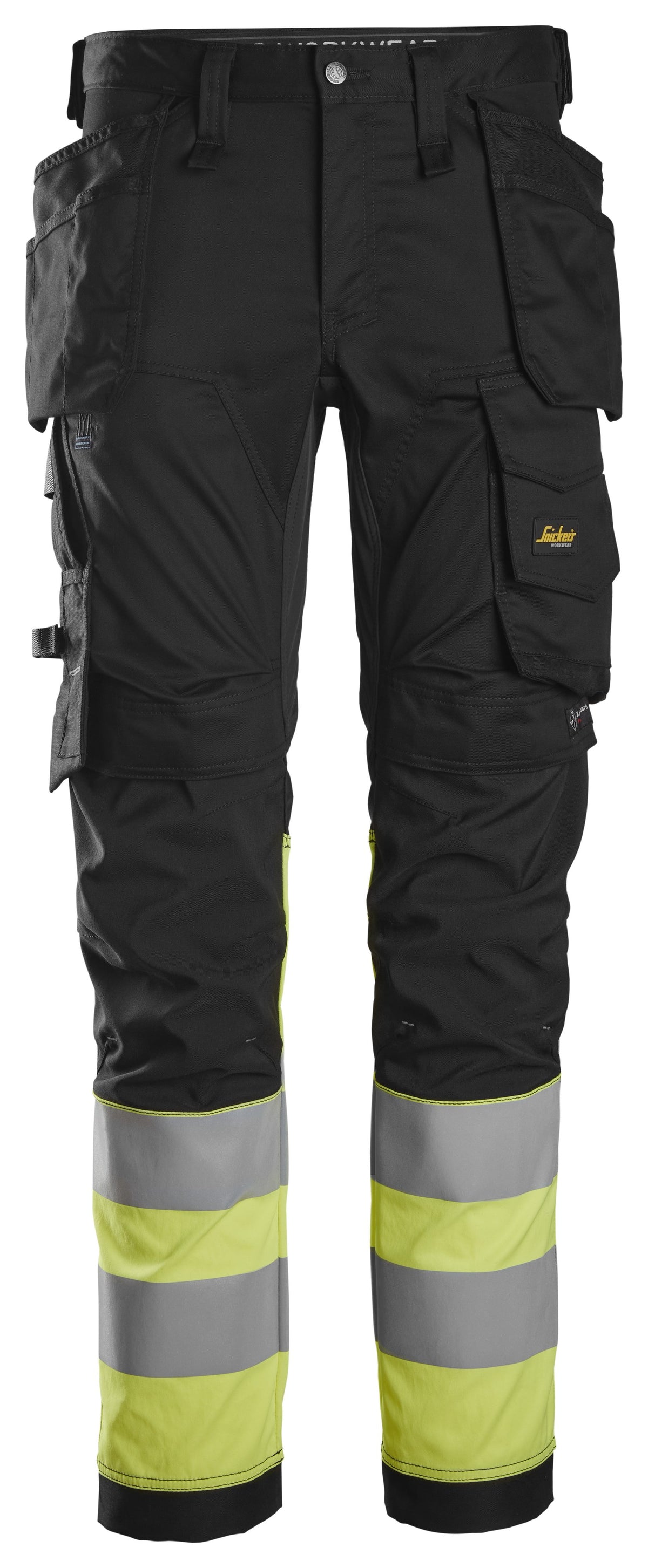 Snickers Workwear High-Vis Class 1, Stretch Trousers Holster Pockets in Black/Hi-Vis Yellow