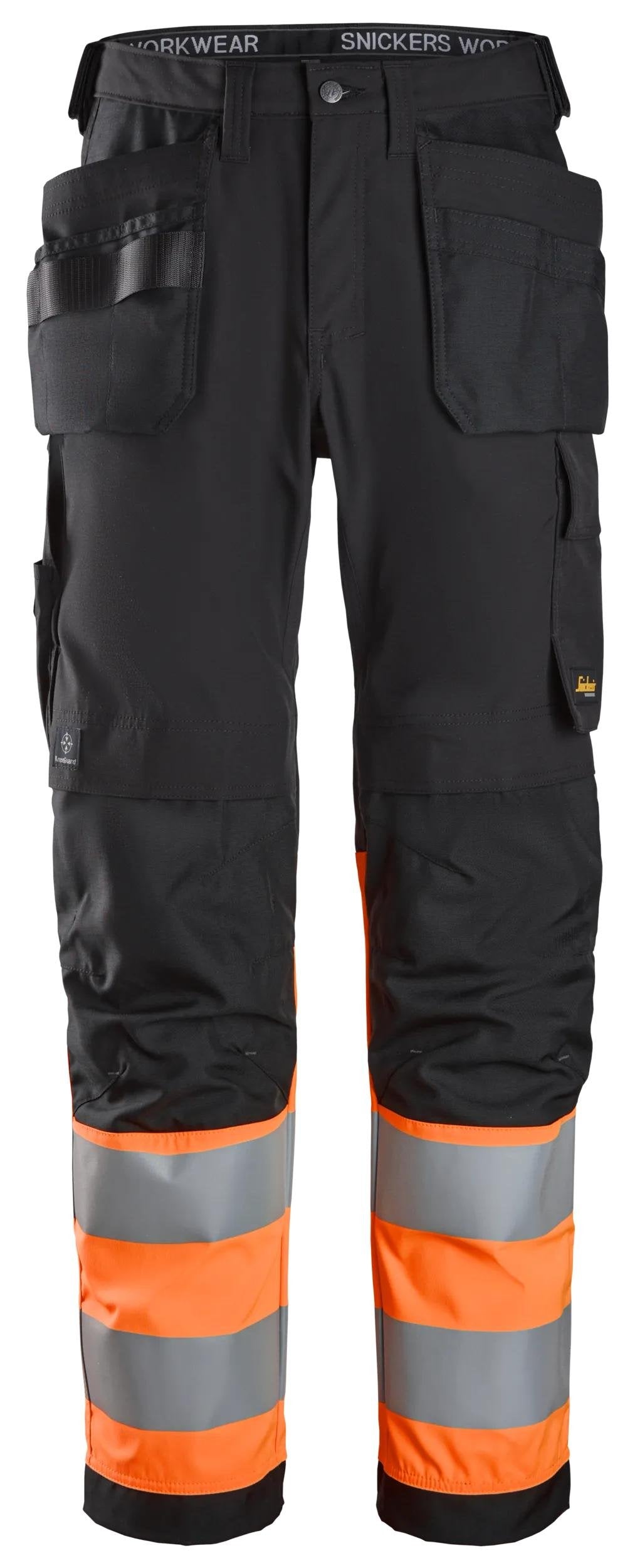 Snickers Workwear High-Vis Class 1, Trousers Holster Pockets in Black/Hi-Vis Orange