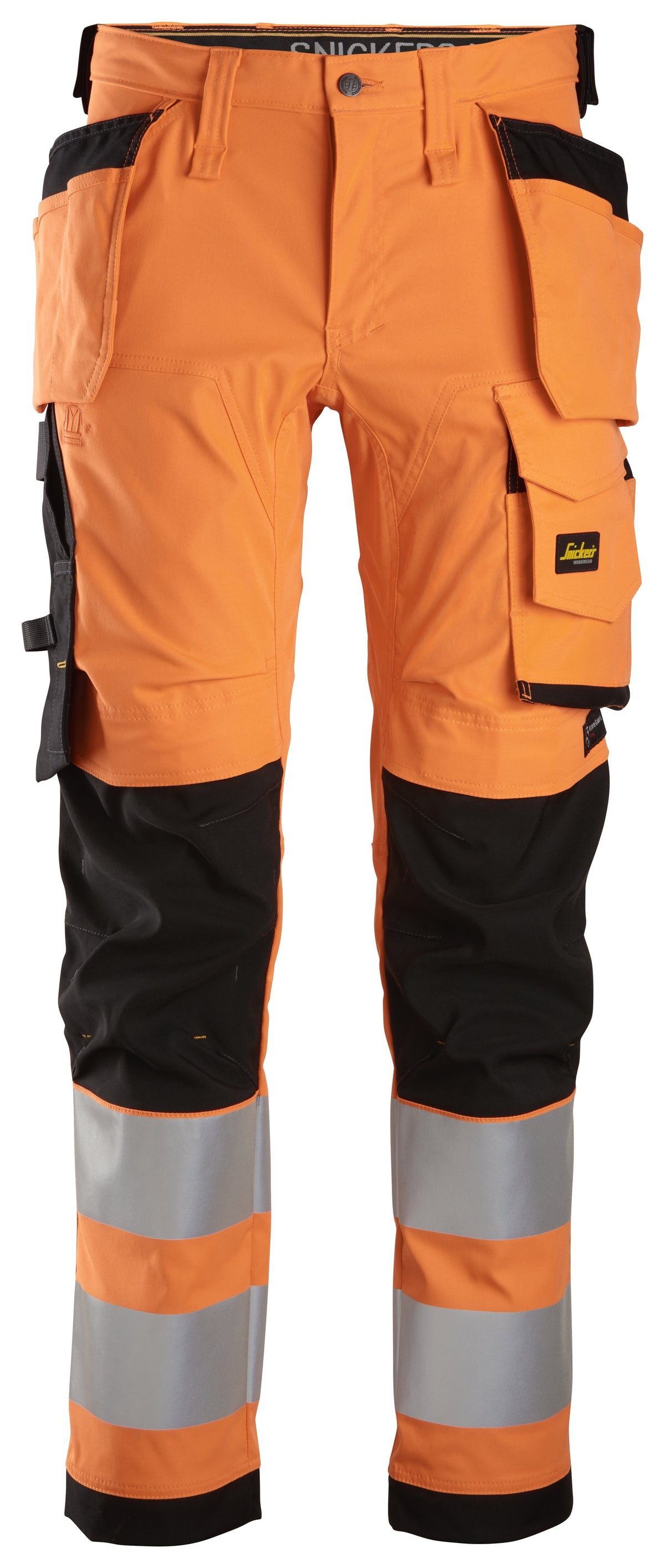 Snickers Workwear High-Vis Class 2, Stretch Trousers Holster Pockets in Hi-Vis Orange/Black