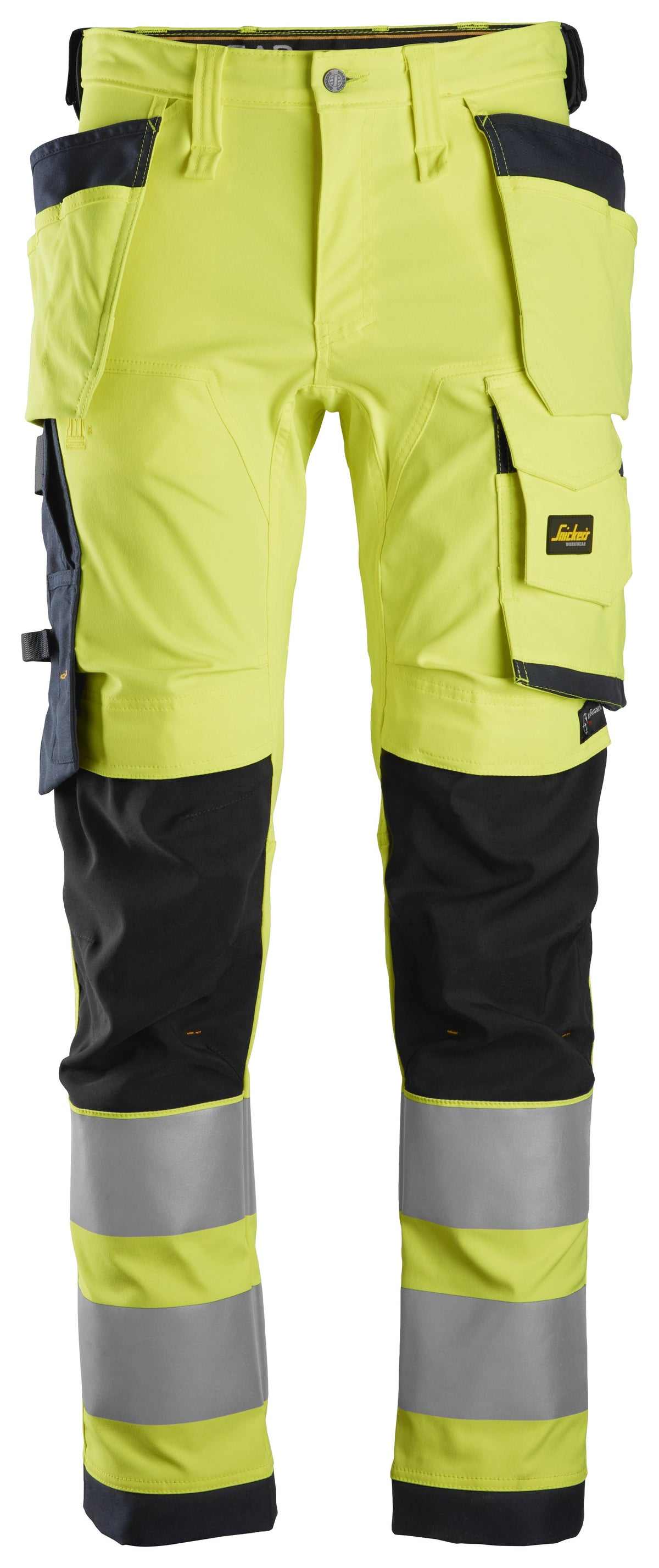 Snickers Workwear High-Vis Class 2, Stretch Trousers Holster Pockets in Hi-Vis Yellow/Navy
